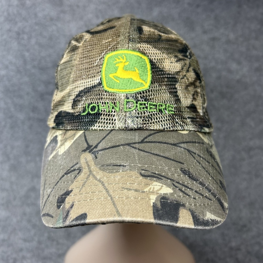 John Deere Mens Camo Trucker Hat OSFM Green Brown Snapback Logo Mesh